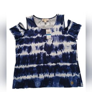 Michael Kors Blue and White Relaxed Cut Out T-Shirt